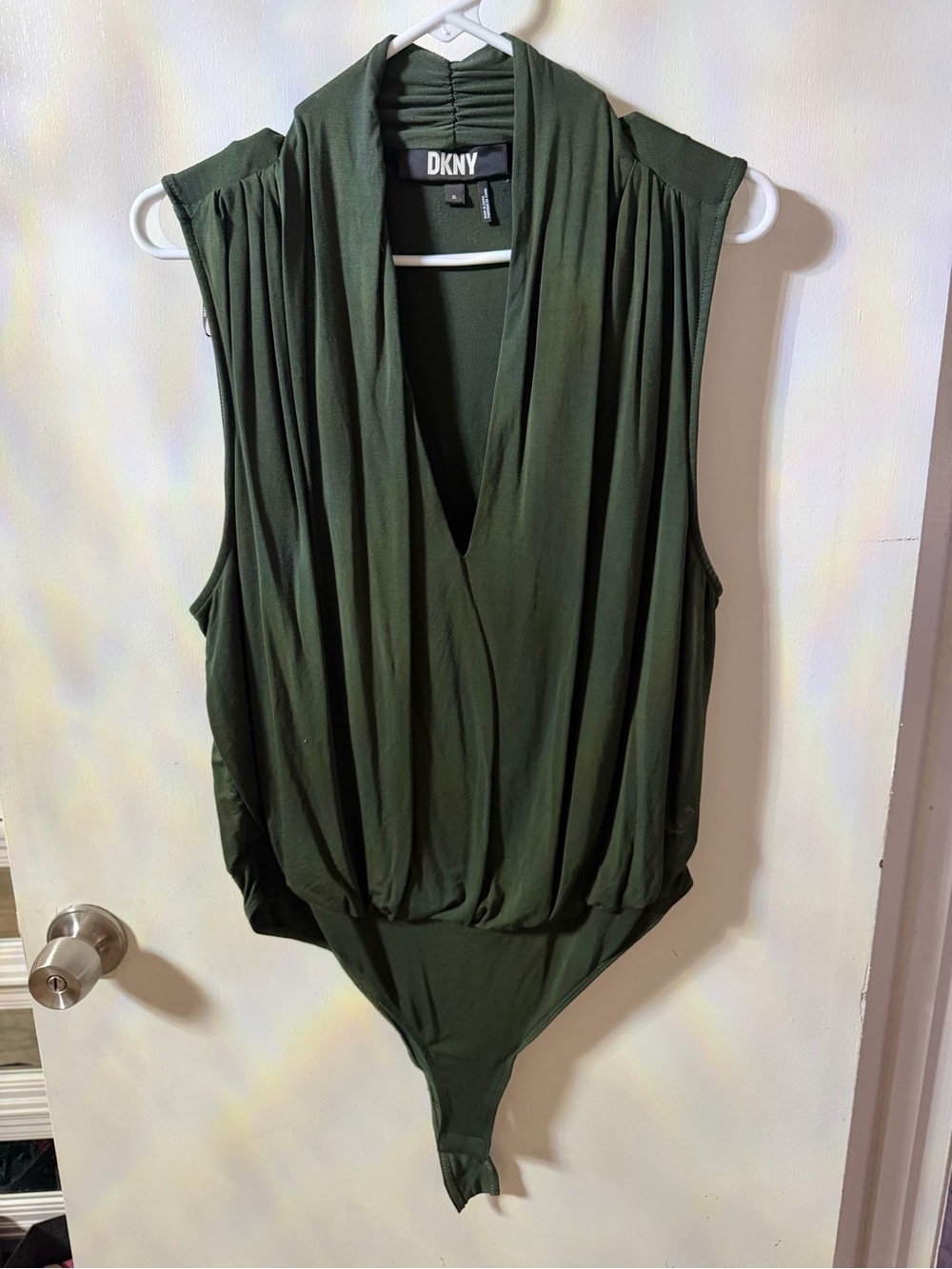 DKNY Olive Draped V-Neck Sleeveless Bodysuit